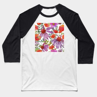 Colorful summer Dasy and Poppy flowers.Vibrant watercolor flowers print Baseball T-Shirt